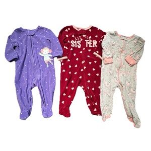 Baby Girls Bundle Of 3 Carter’s Footie Pajamas Size 6 Months Fuzzy Fleece Gerber